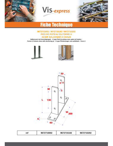 1 x Pfostensockel form U 91X50X200 Hot Dip...