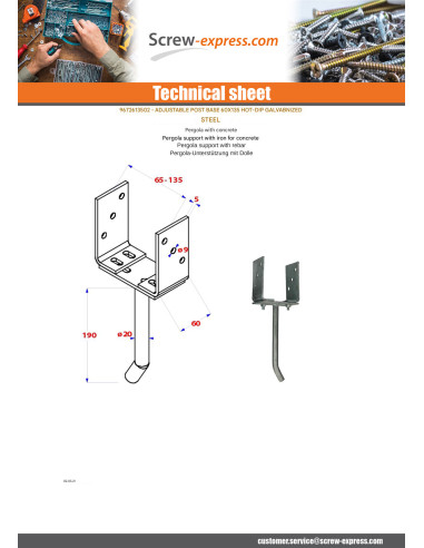 1 x Pfostensockel adjustable 60X135 Hot Dip...