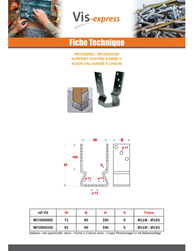 1 x Beam support form U 71X60X150 Hot Dip...