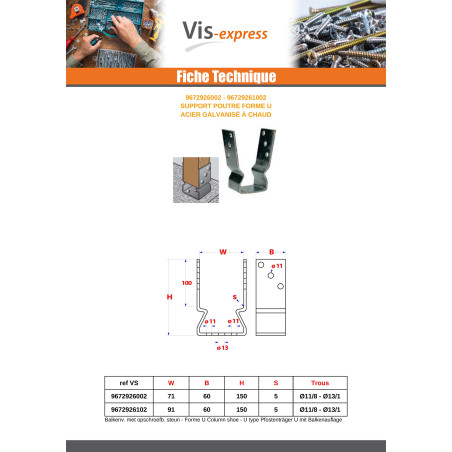 1 x Beam support form U 91X60X150 Hot Dip Galvanized