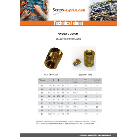 1 x Self Tapping Insert With Head SONICFIX Brass M3.5X7.1