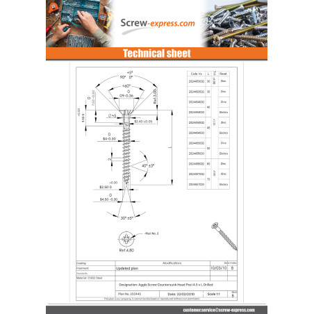 1 x Savis Chipsboard Screw Countersunk Head Pozi N°2 4.5X70 With Hole Yellow Zinc