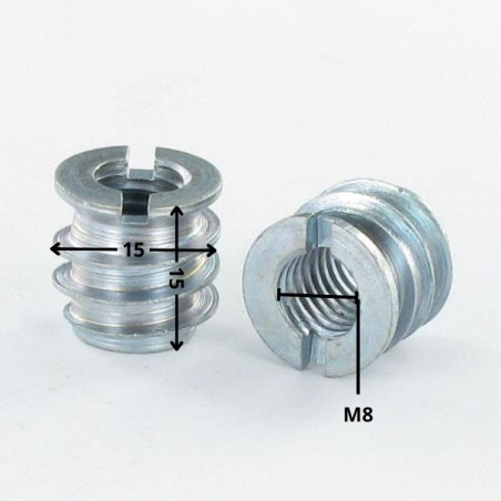 1 x Self tapping insert for wood M8 15X15 Zinc Plated