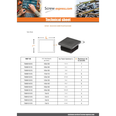 1 x Square Hole Plugs For Tubes 55X55 Tube wall thickness 2 to 4.5 Black Polyethylene