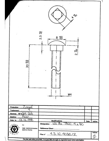 1 x Carriage Bolt M4X30 Full Thread Zinc Plated