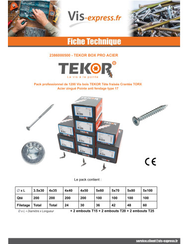 1 x TEKOR PACK PRO 1200 Screw Countersunk Head...
