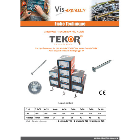 1 x TEKOR PACK PRO 1200 Screw Countersunk Head With Serration Torx Zinc Plated