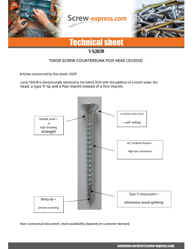 1 x Chipboard Screw Tekor Countersunk Head With...