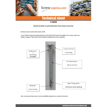 1 x Chipboard Screw Tekor Countersunk Head With Serration Pozi PZ2 4X50 Thread Length: 30 cut Type 17 Drilling Point Zinc