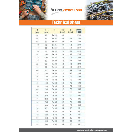 1 x Framing screws TEKOR Countersunk Head With Serration T40 8X280 Thread Length: 80 cut Type 17 Drilling Point Zinc