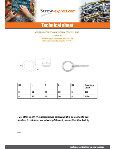 1 x Piton Ring thread Wood 4X45 Thread Length:...