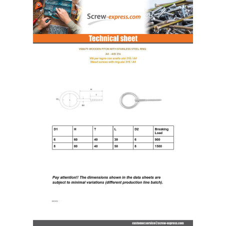 1 x Piton Ring thread Wood 5X50 Thread Length: 35 Stainless Steel A4