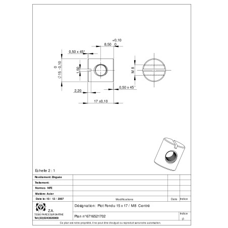 1 x Barrel nut 15X17 M8 CENTER Zinc Plated
