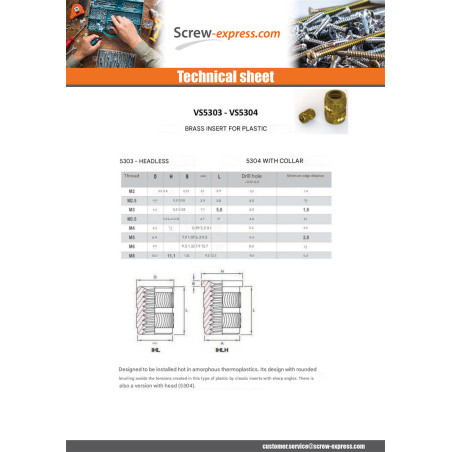 1 x Self Tapping Insert With Head HEATFIX Brass M3X5.7