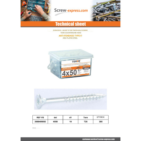 1 x Bucket of 385 Chipboard Screw Tekor 4X50 Countersunk Head T20 cut Type 17 Drilling Point Zinc Plated