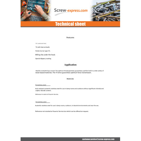 1 x Chipboard Screw Tekor Stainless Steel A2 Countersunk Head With Serration T25 5X90 Thread Length: 60 cut Type 17