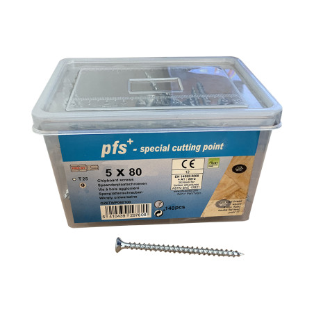 1 x Bucket of 140 Chipboard Screws 5X80 Countersunk Head T25 cut Type 17 Drilling Point Zinc Plated