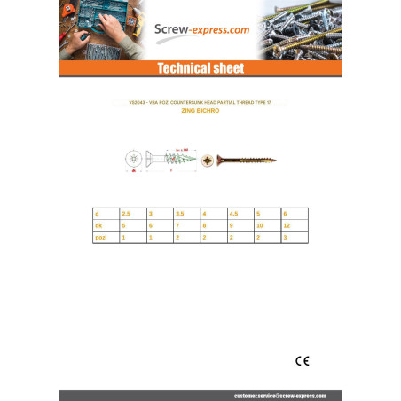 1 x Chipboard Screw Tekor Countersunk Head Pozi PZ2 5X60 Partial Thread cut Type 17 Drilling Point Yellow Zinc