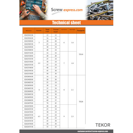 1 x Chipboard Screw Tekor Stainless Steel A2 Countersunk Head With Serration T20 4.5X30 Thread Length: 18 cut Type