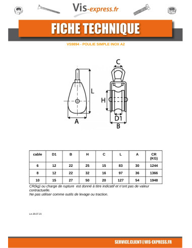 1 x PULLEY SIMPLE Of 50 Stainless Steel A2...