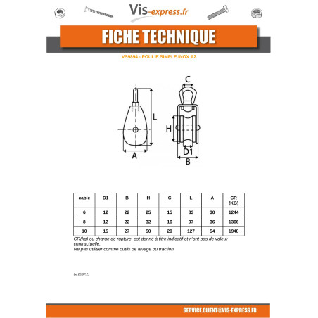 1 x PULLEY SIMPLE Of 32 Stainless Steel A2 Linch Pin Wire Rope Of 8