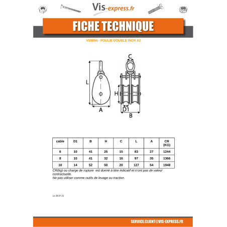 1 x PULLEY Double Of 25 Stainless Steel A2 Linch Pin Wire Rope Of 6