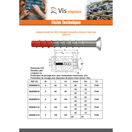 1 x Screw For Concrete Countersunk Head FISCHER ULTRACUT FBS II SK 10X80 Stainless Steel A4