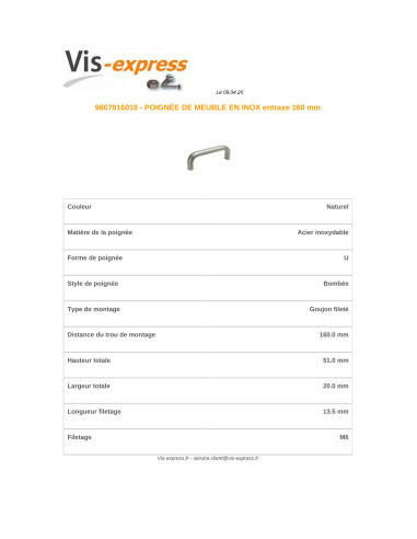 1 x Furniture handle Stainless Steel A2 Length 160