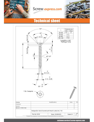 1 x Chipboard Screw Countersunk Head T25 5X40...