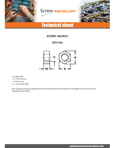 1 x Hexagonal nut M7 S/PLAT 11 Pitch 150 Hot...
