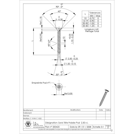 1 x Chipboard Screw Countersunk Head Pozi N°1 2.5X10 Full Thread Black Zinc Plated micro screw