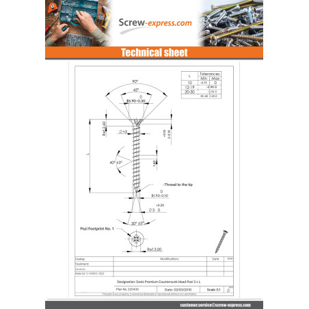 1 x Chipboard Screw Premium Countersunk Head Pozi N°1 3X15 Zinc Plated micro screw