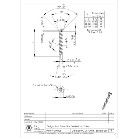 1 x Chipboard Screw Countersunk Head Pozi N°1 2.5X16 Full Thread Zinc Plated micro screw