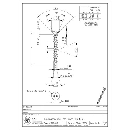 1 x Savis Chipsboard Screw Countersunk Head Pozi 2 4.5X45 Full Thread Zinc Plated