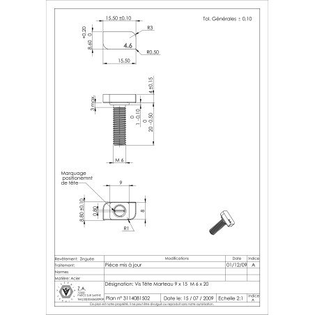 1 x Machine Screw Hammer Head M6X20 20X12 Class 8.8 Zinc Plated