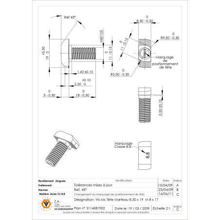 1 x Machine Screw Hammer Head M8/17 8.3X19 Class 8.8 Zinc Plated