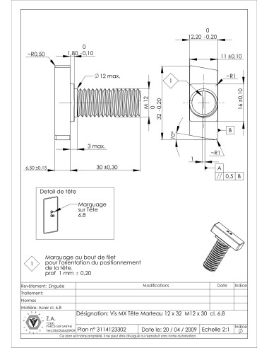 1 x Machine Screw Hammer Head M12/30 12X32...