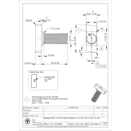 1 x Machine Screw Hammer Head M12/30 12X32 Class 6.8 Zinc Plated