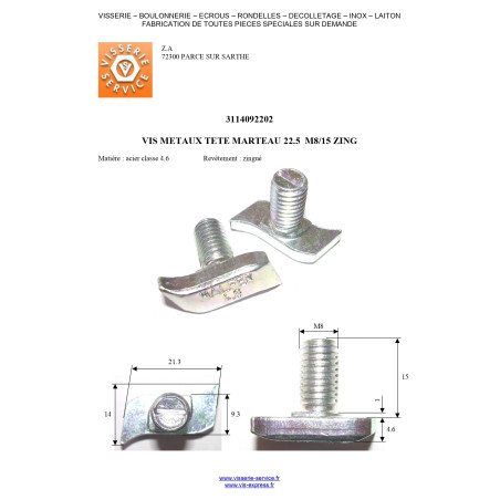 1 x Machine Screw Hammer Head M8/15 22.5 Zinc Plated