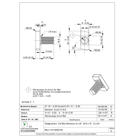 1 x Machine Screw Hammer Head M8/15 9X25 Class 6.8 Zinc Plated