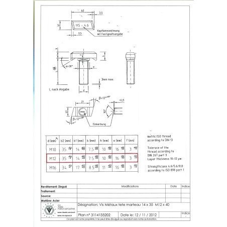 1 x Machine Screw Hammer Head M12X40 14X35 Zinc Plated