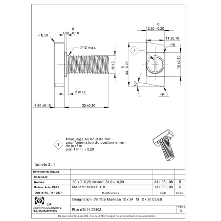 1 x Machine Screw Hammer Head M12/30 12X34 Class 6.8 Zinc Plated