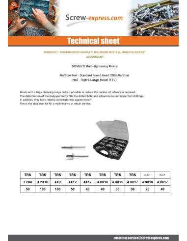 1 x Set of 500 Multigrip blind rivets Aluminum...