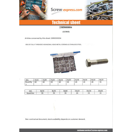 1 x Set of 570 Machine Screw Hexagonal Head Full Thread Stainless Steel A2