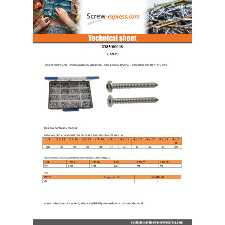 1 x Set of 1684 Thread Rolling Screw Countersunk Head Round Head Pozi Stainless Steel A2 Bit