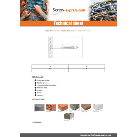 Bucket of 500 Hammer Plug With Screw 6X40 Zinc Plated