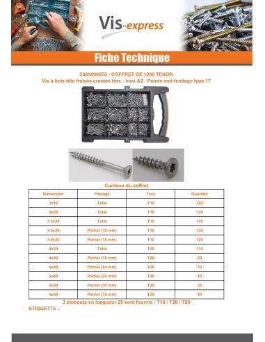 1 x Set of 1200 Chipboard Screw Tekor...