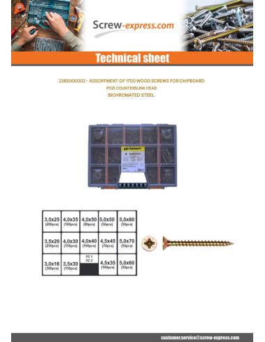1 x Set of 1700 Chipboard Screw Countersunk...