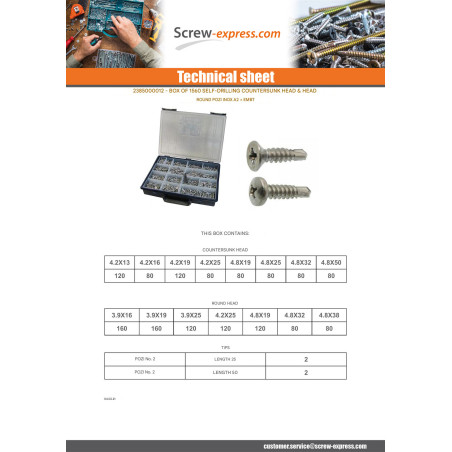 1 x Set of 1540 Self Drilling Countersunk Head Round Head Pozi Stainless Steel A2 Bit