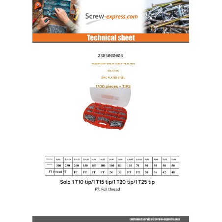 1 x Set of 1700 Chipboard Screw Tekor Countersunk Head Torx cut Type 17 Drilling Point Zinc Plated With Bit